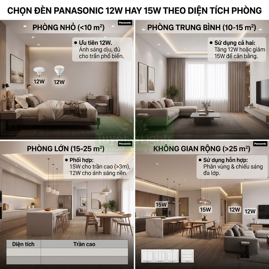 Hướng dẫn chọn đèn LED Panasonic 12W và 15W cho phòng ngủ, phòng khách, bếp theo diện tích phòng
