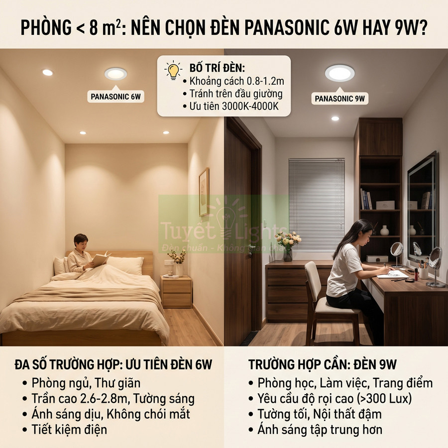So sánh đèn LED âm trần Panasonic 6W và 9W cho phòng ngủ nhỏ, minh họa ánh sáng thư giãn và ánh sáng học tập
