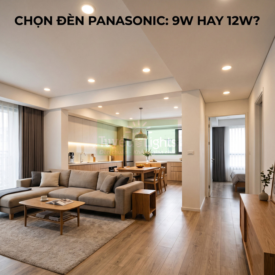 Đèn LED âm trần Panasonic chiếu sáng phòng khách và bếp chung cư hiện đại, nội thất gỗ sáng màu