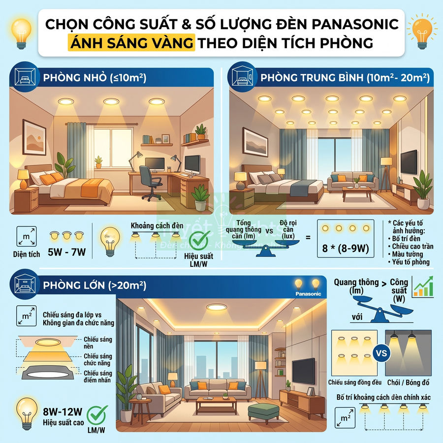 Hướng dẫn chọn công suất và số lượng đèn LED Panasonic ánh sáng vàng cho phòng nhỏ, trung bình và lớn