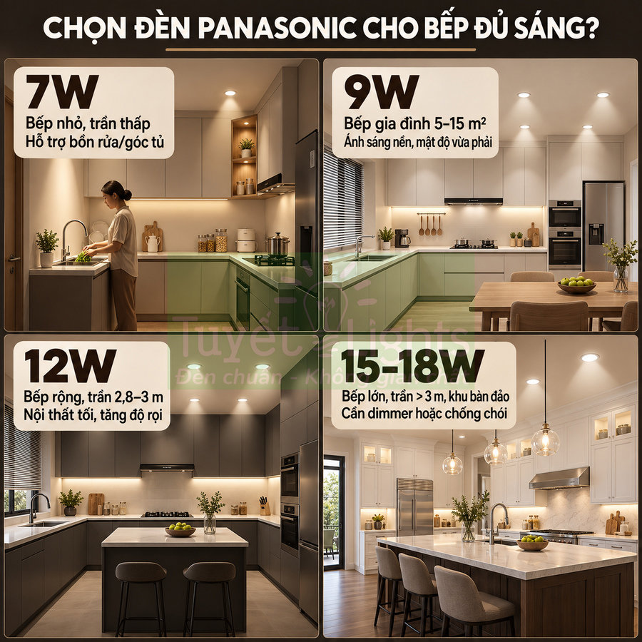 Đèn LED Panasonic cho nhiều kiểu bếp với công suất 7W 9W 12W 15-18W chiếu sáng khu vực nấu và đảo bếp
