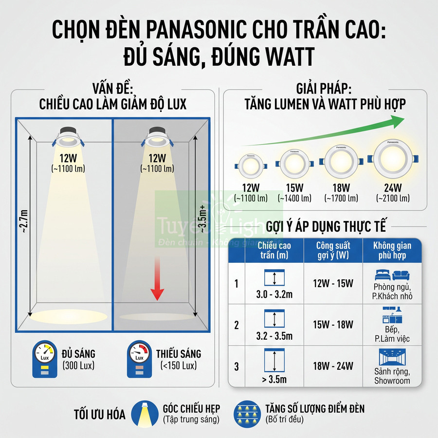 Hướng dẫn chọn đèn LED Panasonic cho trần cao với các mức công suất 12W 15W 18W 24W