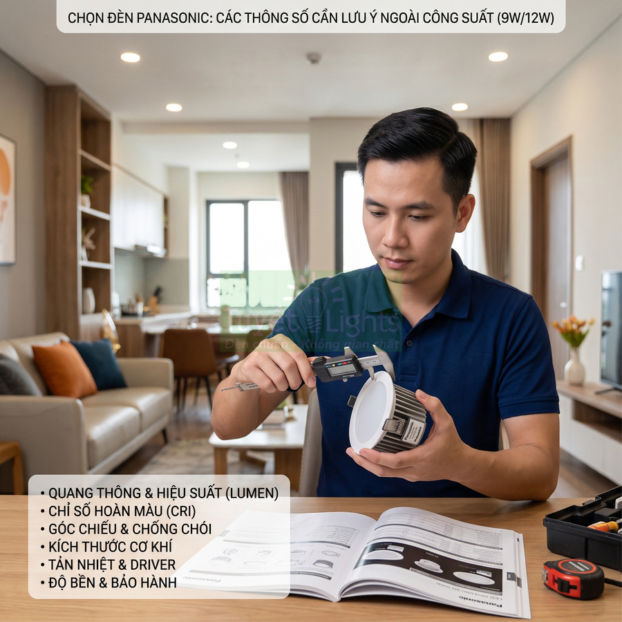 Người đàn ông đo kích thước đèn LED âm trần Panasonic bằng thước kẹp trong phòng khách hiện đại