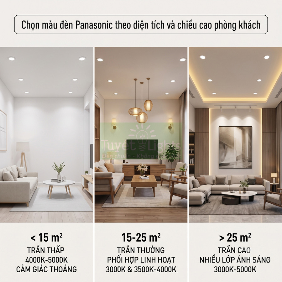Phòng khách sử dụng đèn trần Panasonic với ba kiểu chiếu sáng cho các diện tích và trần nhà khác nhau