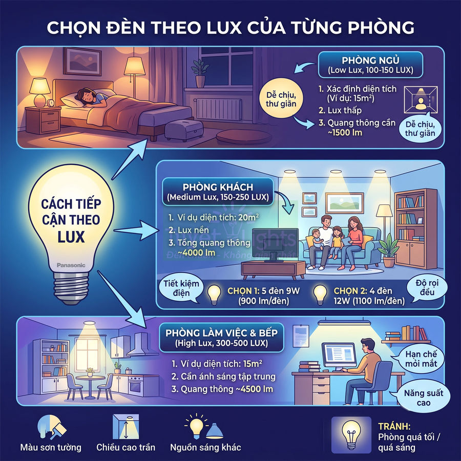 Hướng dẫn chọn đèn Panasonic theo độ lux cho phòng ngủ, phòng khách, phòng làm việc và bếp trong nhà