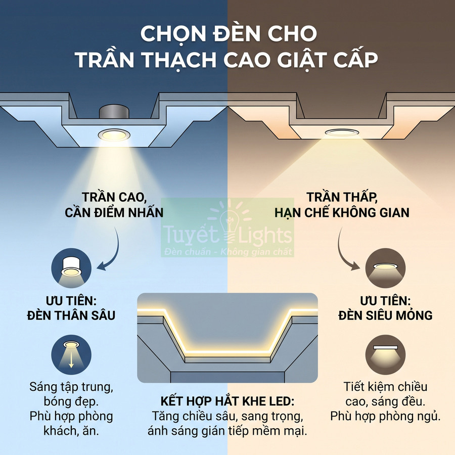 Hướng dẫn chọn đèn âm trần thân sâu và đèn siêu mỏng cho trần thạch cao giật cấp thương hiệu Tuyết Lights