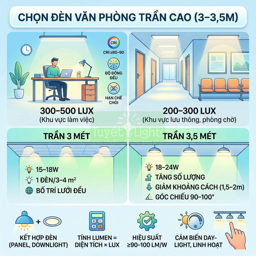 Hướng dẫn chọn đèn LED văn phòng trần cao 3 đến 3,5m với mức sáng và công suất phù hợp từng khu vực