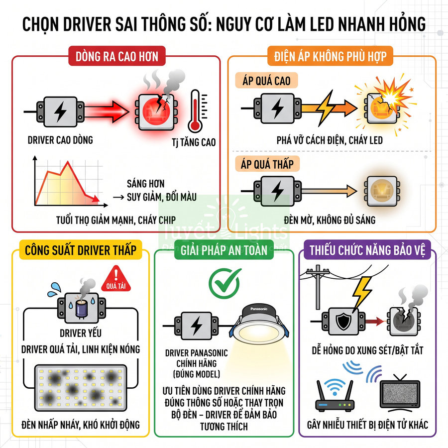 Infographic cảnh báo chọn sai driver LED và giới thiệu giải pháp dùng driver Panasonic chính hãng