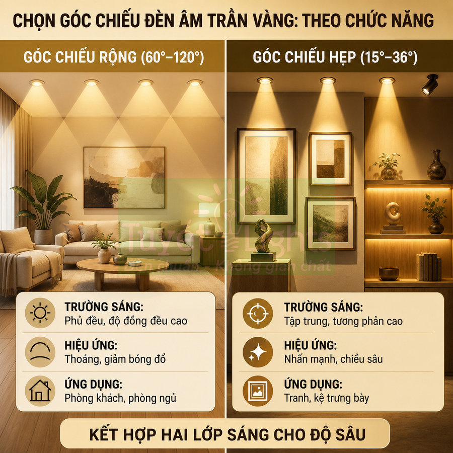 So sánh góc chiếu rộng và hẹp của đèn âm trần vàng trong phòng khách, minh họa cách chiếu sáng và ứng dụng khác nhau