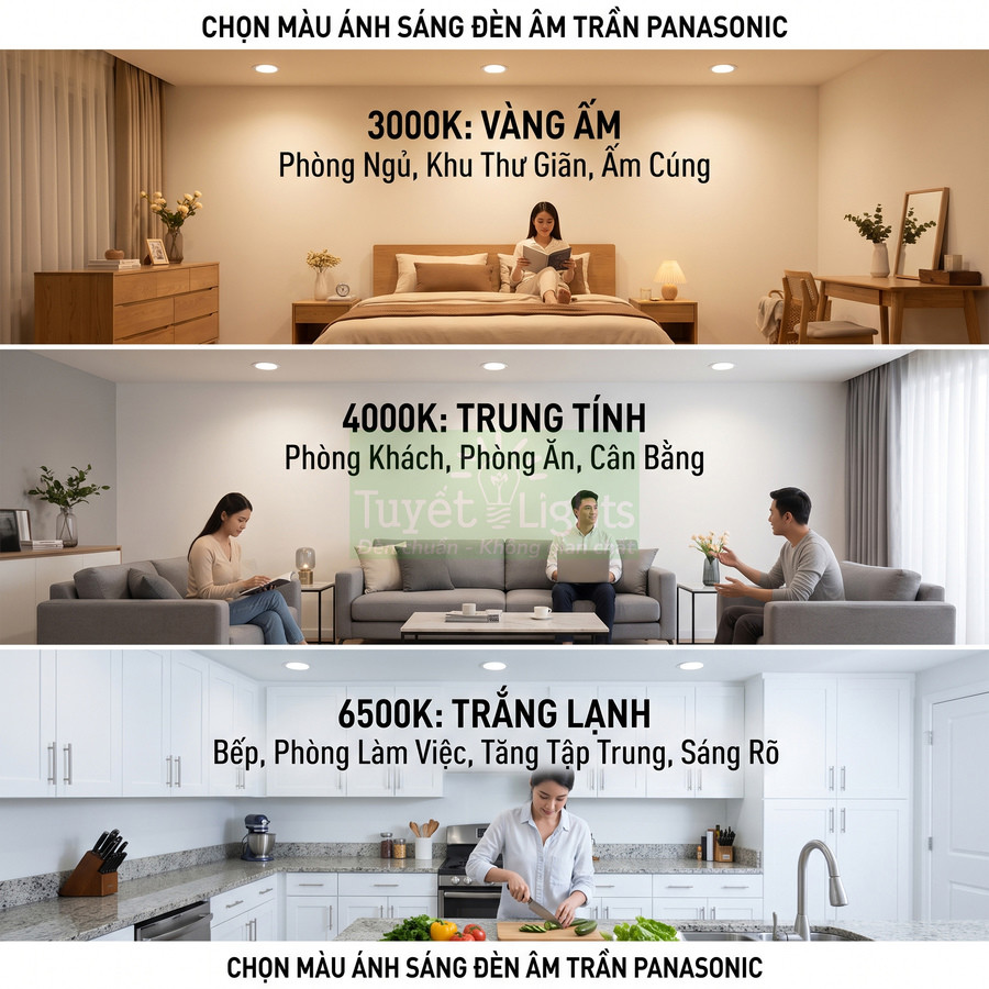 So sánh ba mức nhiệt màu đèn âm trần Panasonic 3000K vàng ấm, 4000K trung tính, 6500K trắng lạnh trong phòng ngủ, khách, bếp