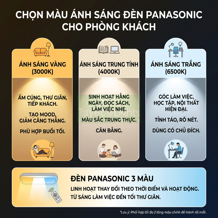 Đèn Panasonic 3 màu cho phòng khách với ánh sáng vàng, trung tính và trắng cùng điều khiển từ xa linh hoạt