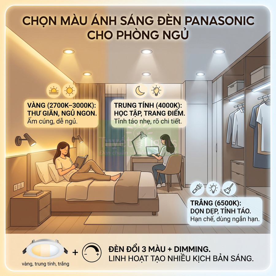 Hướng dẫn chọn màu ánh sáng đèn Panasonic 3 chế độ cho phòng ngủ: vàng thư giãn, trung tính học tập, trắng dọn dẹp