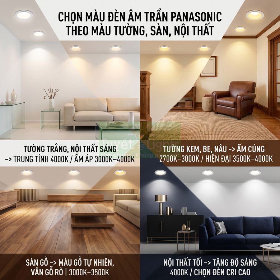 Hướng dẫn chọn màu đèn âm trần Panasonic theo màu tường sàn nội thất trong phòng khách