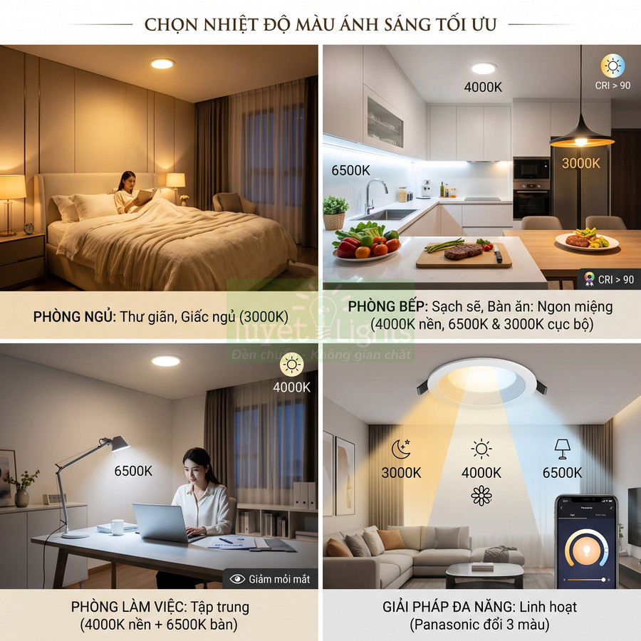 Đèn trần Panasonic đổi 3 màu cho phòng ngủ, phòng bếp, phòng làm việc và phòng khách với các mức nhiệt độ màu khác nhau