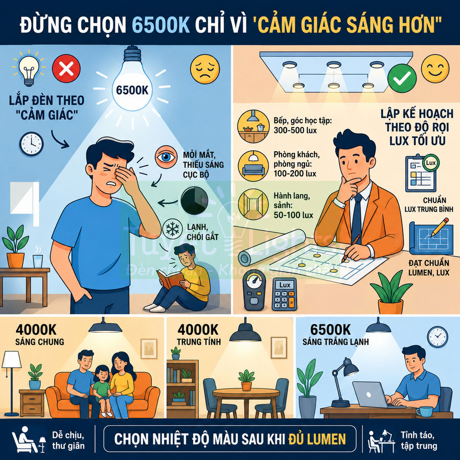 Infographic hướng dẫn chọn nhiệt độ màu đèn LED 4000K 6500K theo độ rọi lux cho từng không gian nhà ở