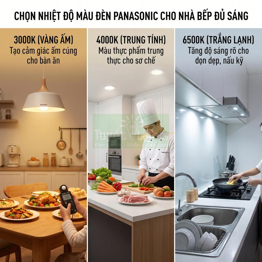 Đèn nhà bếp Panasonic với ba nhiệt độ màu 3000K 4000K 6500K cho bàn ăn, sơ chế và khu vực nấu nướng