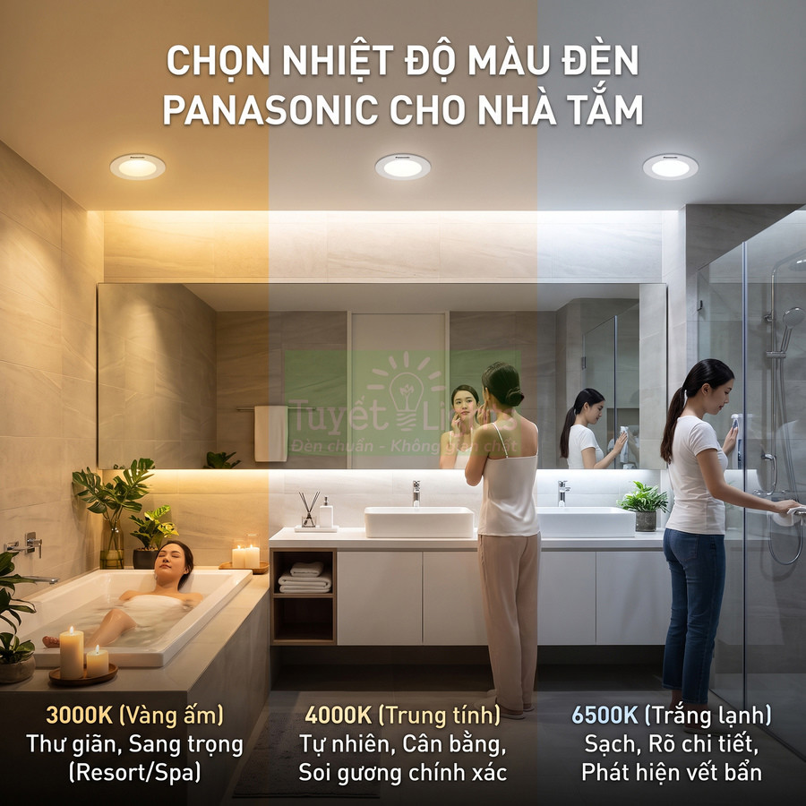 Đèn LED âm trần Panasonic cho nhà tắm với ba nhiệt độ màu 3000K 4000K 6500K