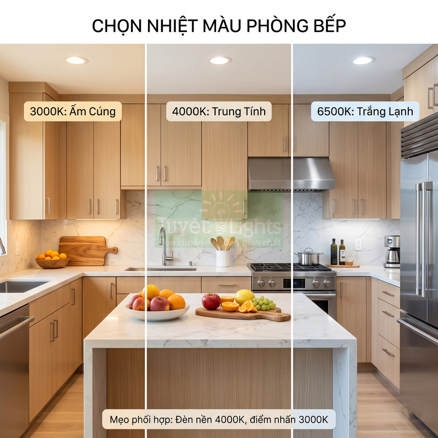 So sánh ánh sáng đèn âm trần 3000K 4000K 6500K trong phòng bếp gỗ hiện đại
