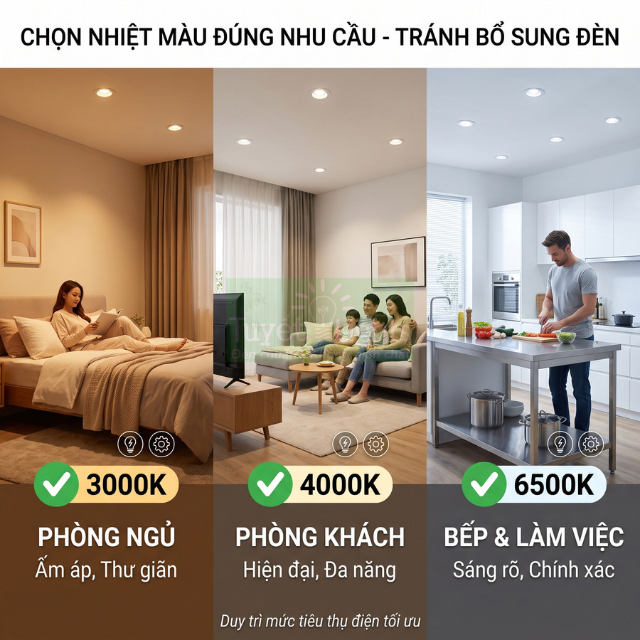 So sánh nhiệt màu đèn trần 3000K cho phòng ngủ, 4000K cho phòng khách và 6500K cho bếp, làm việc