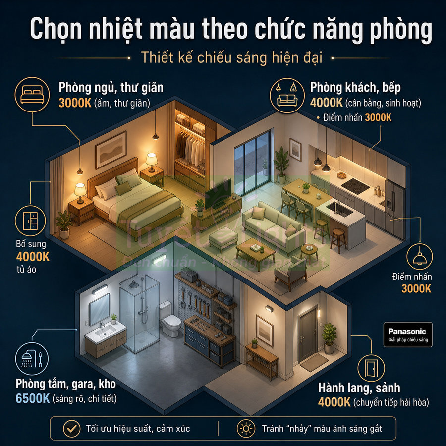 Sơ đồ chiếu sáng Panasonic gợi ý nhiệt màu đèn LED cho phòng ngủ, phòng khách, bếp, phòng tắm và hành lang