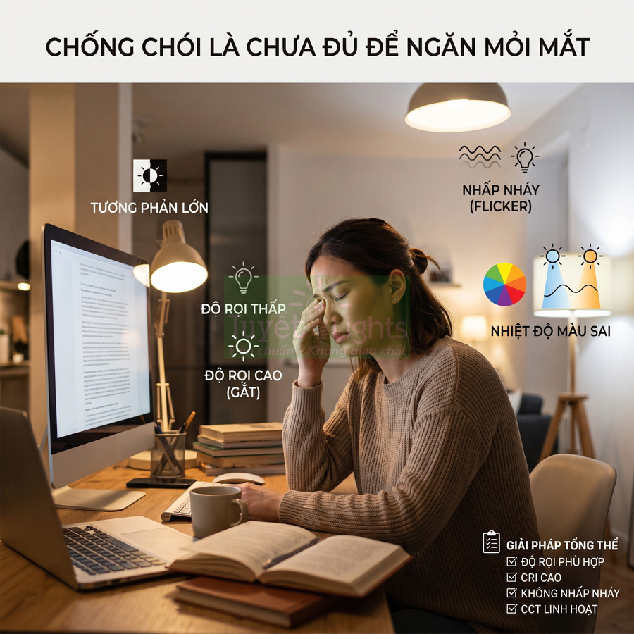 Người phụ nữ làm việc trước màn hình máy tính và laptop trong phòng tối, mỏi mắt vì ánh sáng đèn không phù hợp