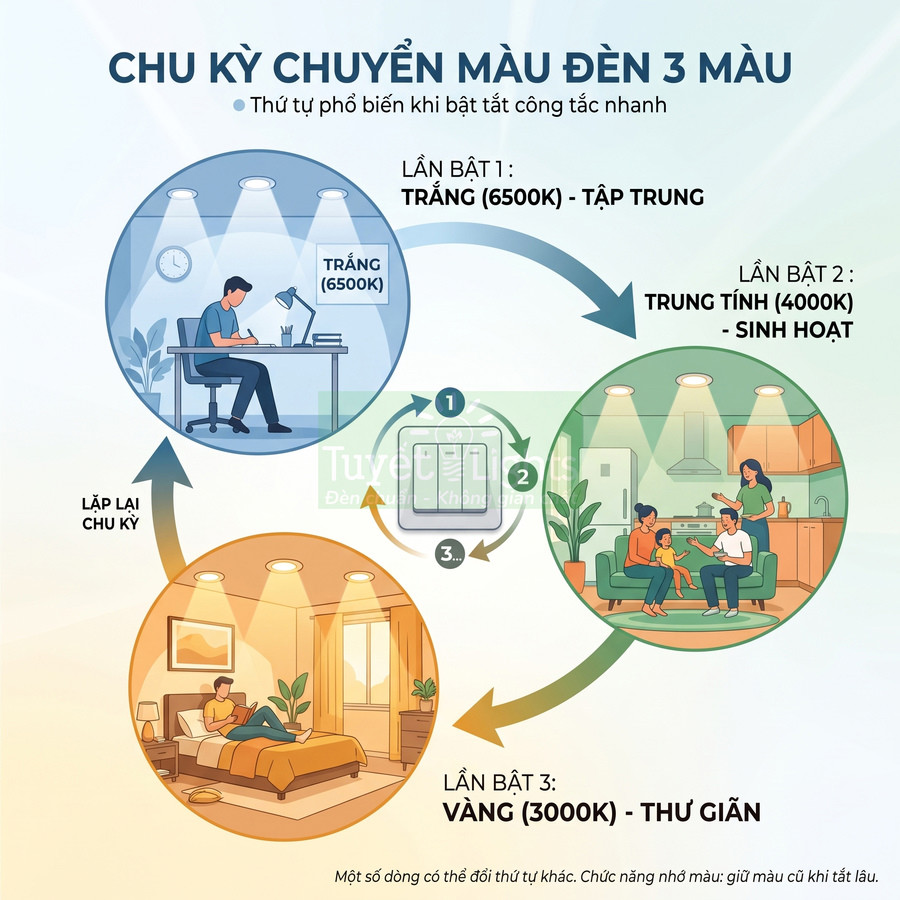 Chu kỳ chuyển màu đèn LED 3 chế độ trắng, trung tính, vàng cho làm việc, sinh hoạt và thư giãn