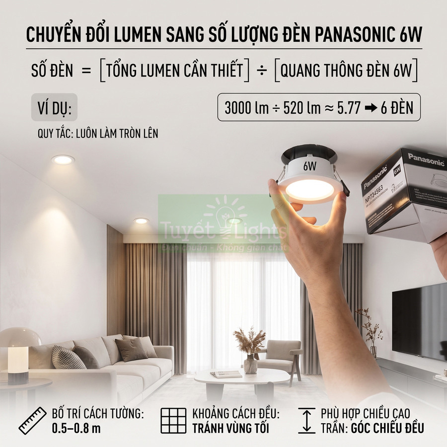 Đèn downlight Panasonic 6W chiếu sáng phòng khách hiện đại, hướng dẫn cách bố trí và tính số lượng đèn