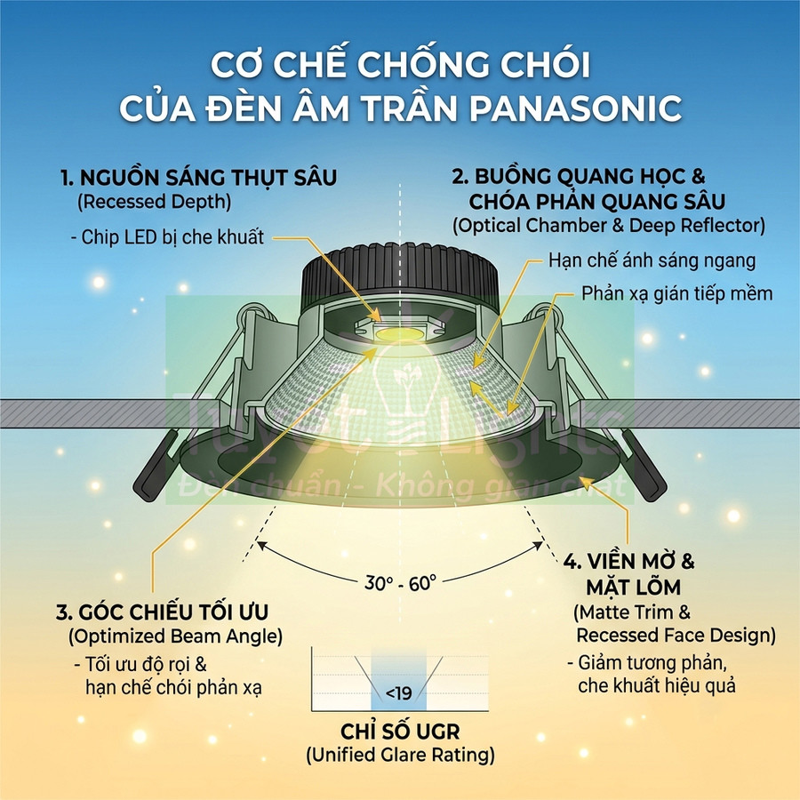 Cơ chế chống chói của đèn âm trần Panasonic với nguồn sáng sâu, buồng quang học và góc chiếu tối ưu