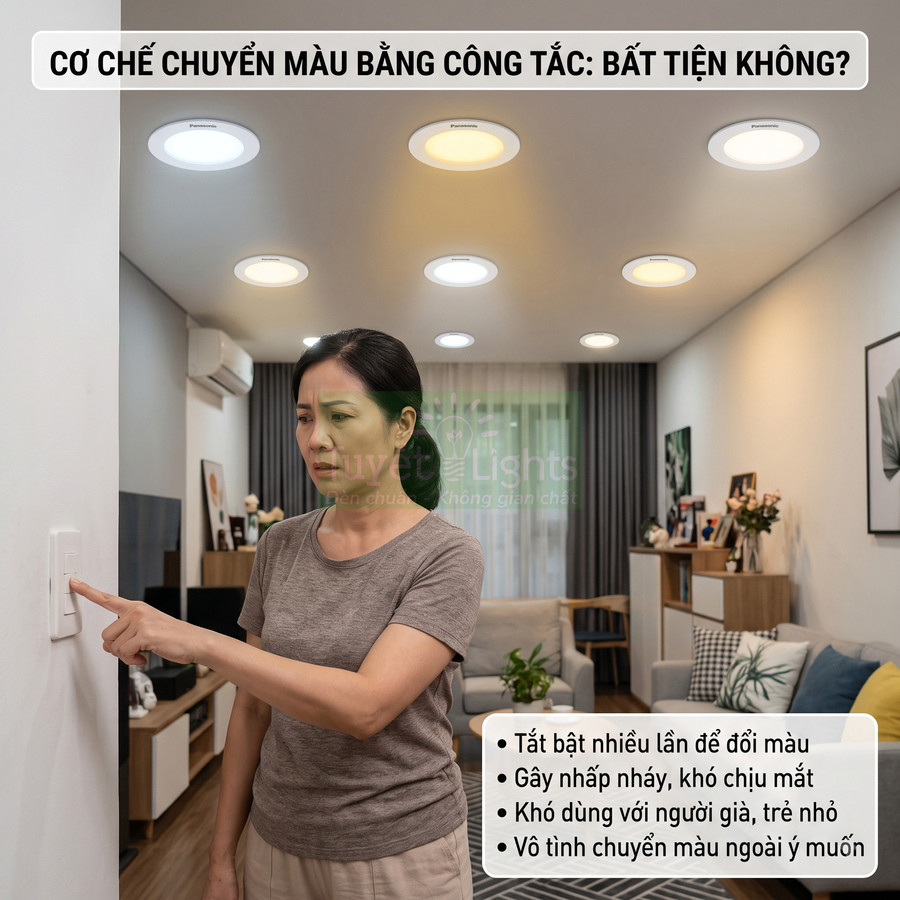 Người phụ nữ trung niên bối rối bật tắt công tắc điều khiển đèn âm trần Panasonic trong phòng khách