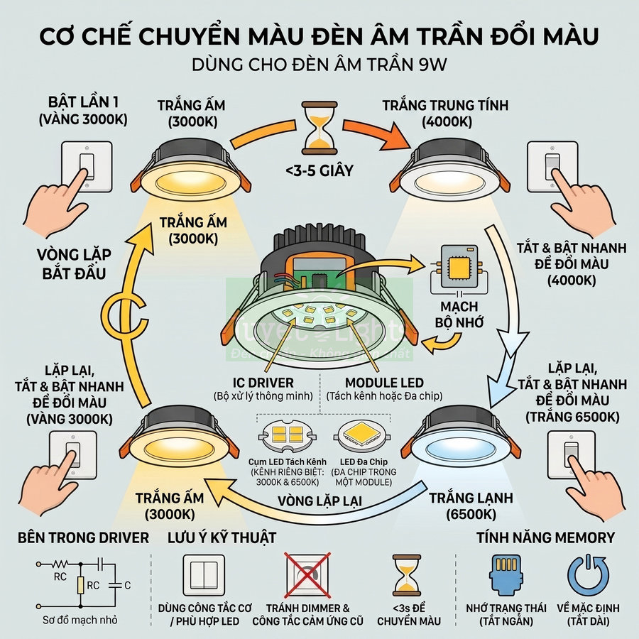 Cơ chế chuyển màu đèn âm trần LED 9W ba chế độ vàng, trung tính, trắng lạnh
