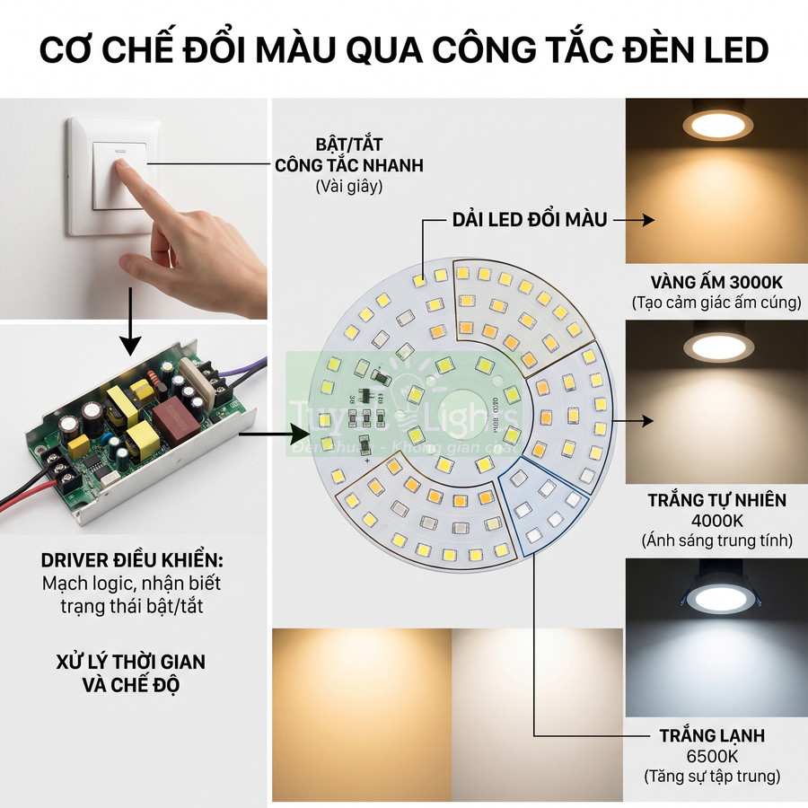 Cơ chế đổi màu đèn LED âm trần qua công tắc, driver điều khiển và dải LED ba màu 3000K 4000K 6500K
