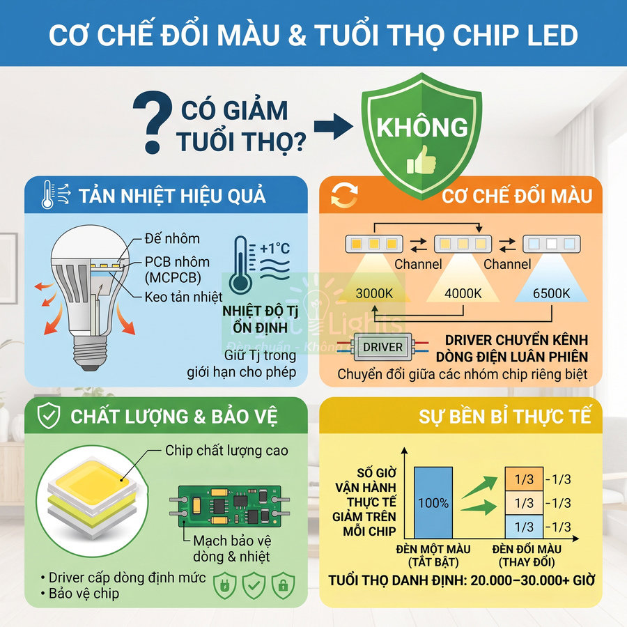 Infographic cơ chế đổi màu và tuổi thọ chip LED, mô tả tản nhiệt, driver, chất lượng chip và độ bền thực tế