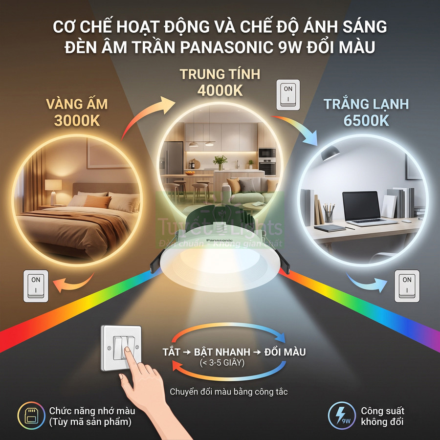 Đèn âm trần Panasonic 9W đổi màu với ba chế độ ánh sáng 3000K 4000K 6500K điều chỉnh bằng công tắc