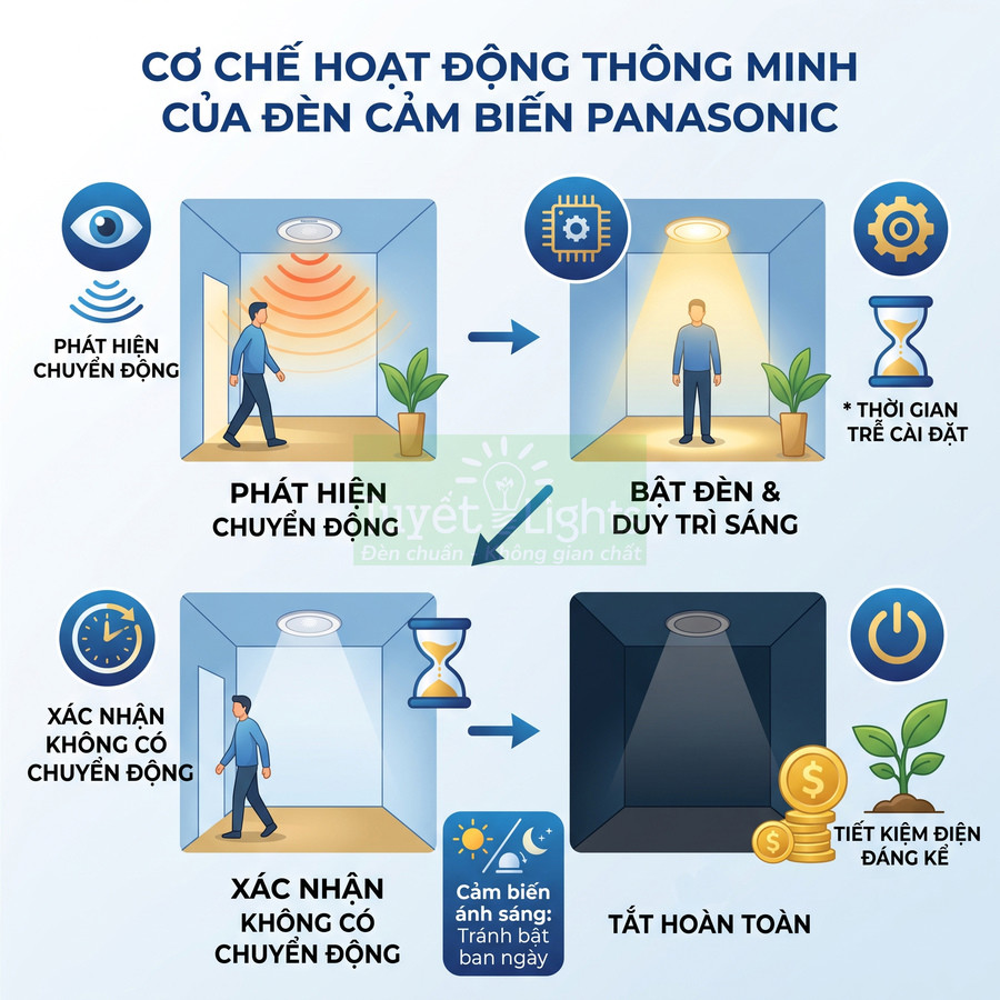 Sơ đồ cơ chế hoạt động thông minh của đèn cảm biến Panasonic tiết kiệm điện