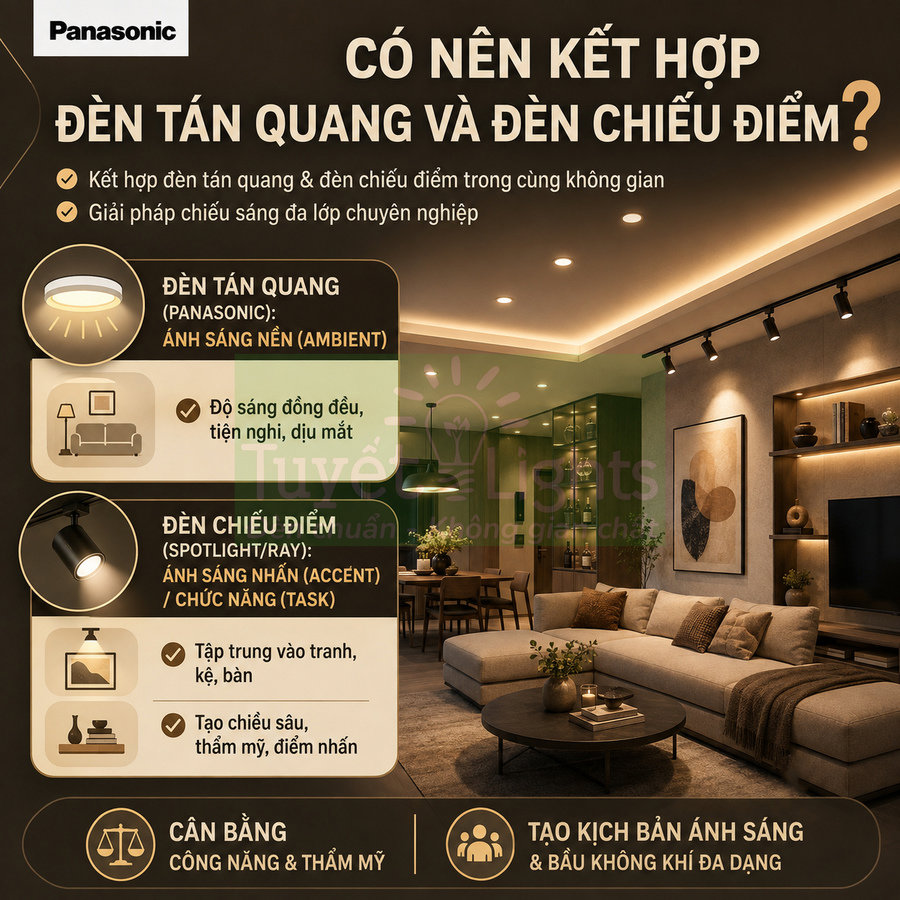 Đèn Panasonic kết hợp đèn tán quang và đèn chiếu điểm trong phòng khách hiện đại tạo ánh sáng ấm áp