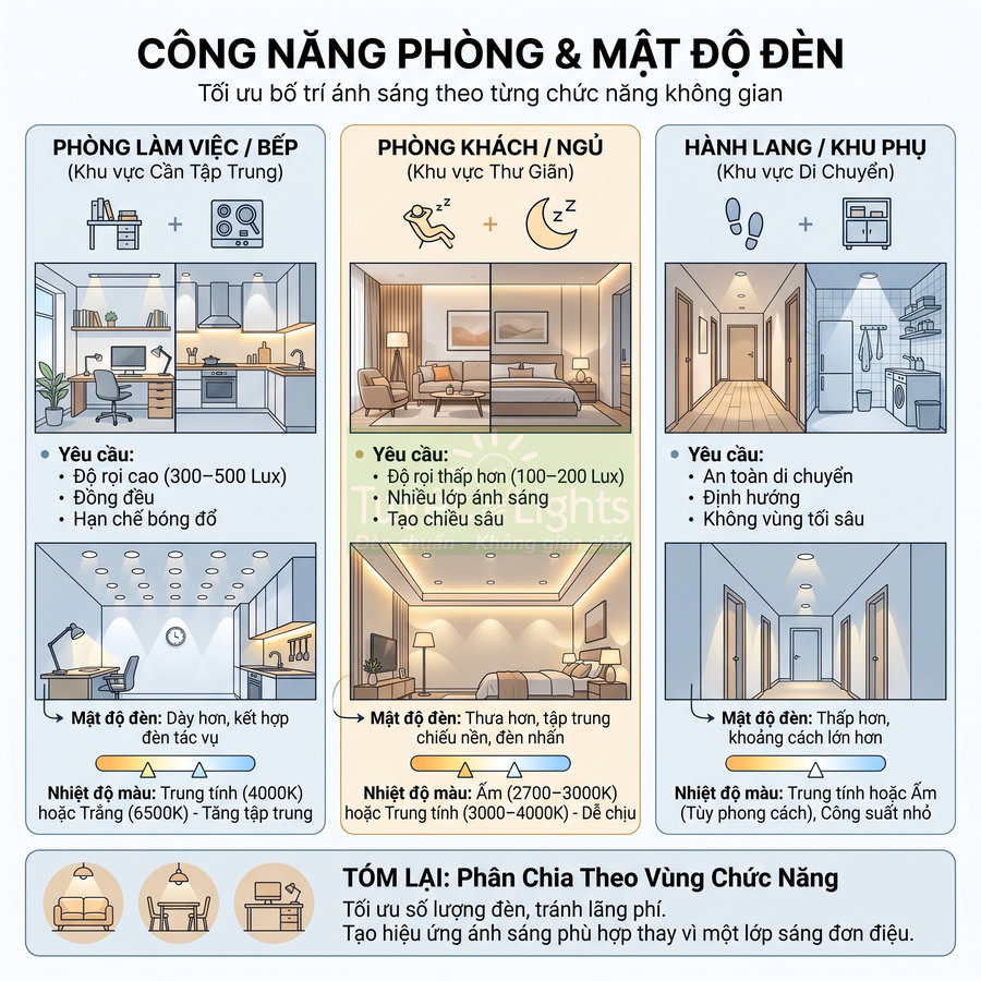 Hướng dẫn bố trí đèn chiếu sáng cho phòng làm việc, phòng khách ngủ và hành lang theo công năng và mật độ đèn