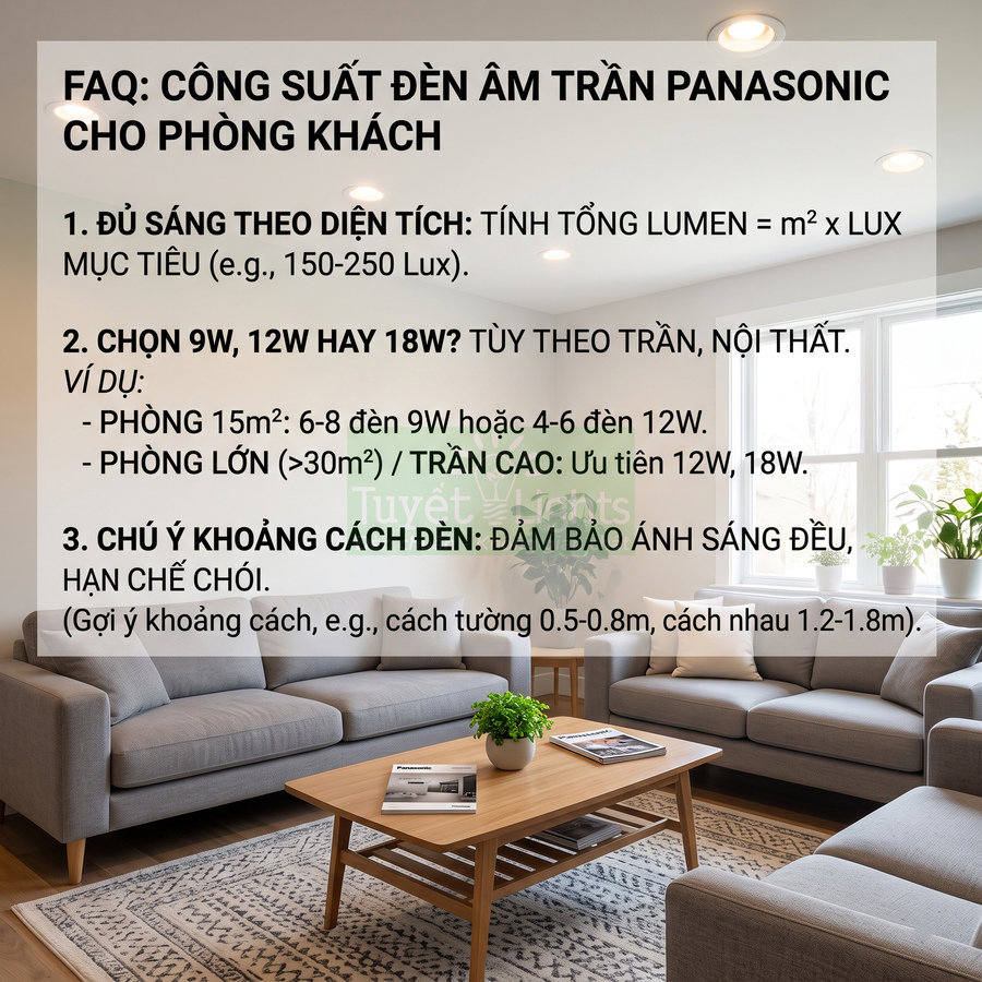 Hướng dẫn chọn công suất đèn âm trần Panasonic cho phòng khách với ví dụ số lượng đèn theo diện tích