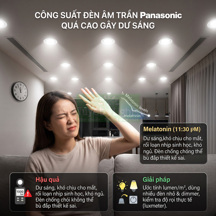 Đèn âm trần Panasonic công suất cao gây chói, cô gái che mắt vì ánh sáng quá mạnh trong phòng khách