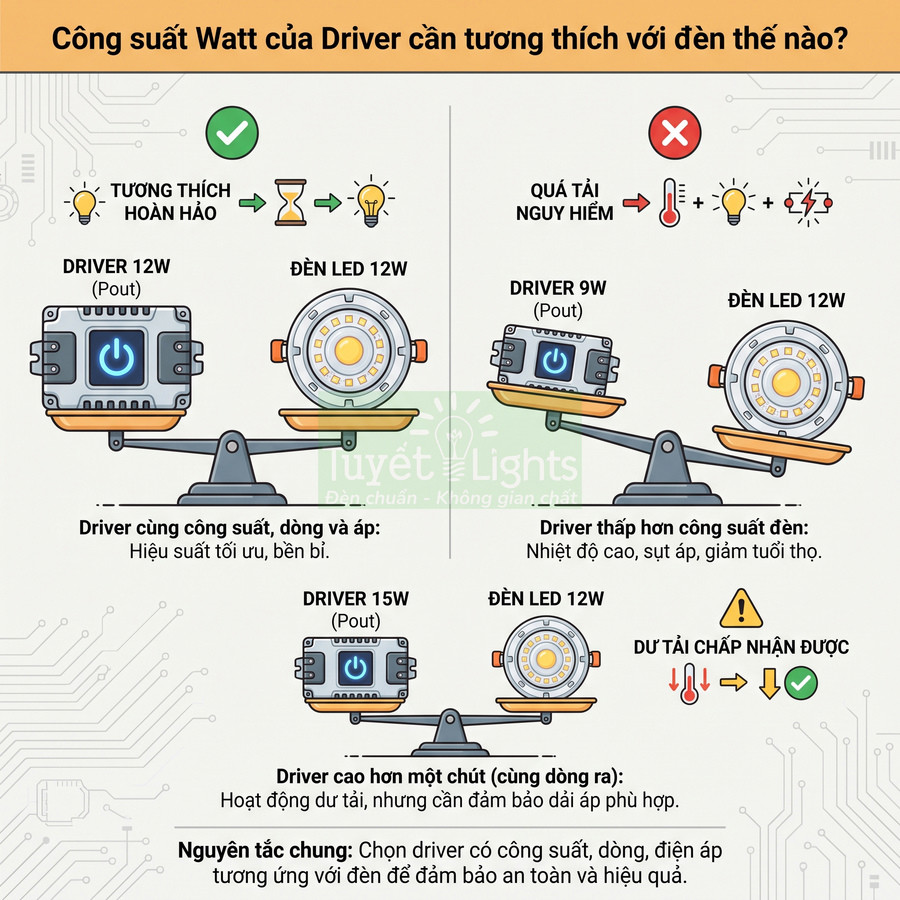 Minh họa so sánh driver 12W, 9W, 15W với đèn LED 12W và hướng dẫn chọn công suất driver tương thích