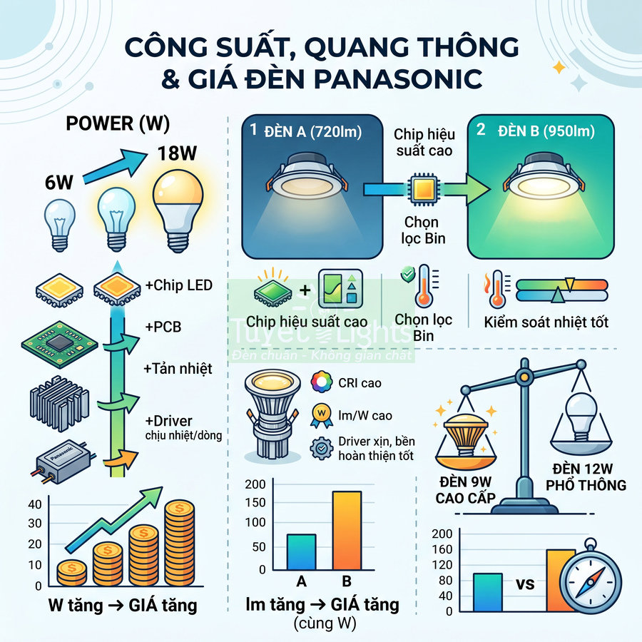 Infographic so sánh công suất, quang thông và giá đèn LED Panasonic cao cấp và đèn thường
