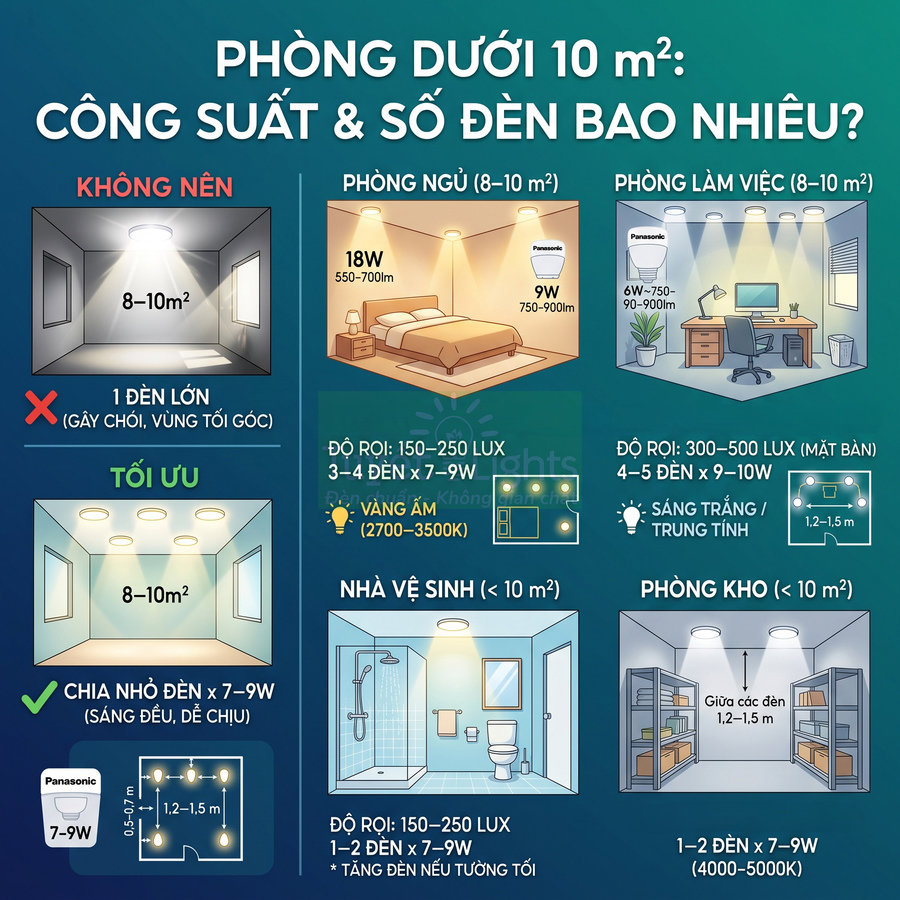 Hướng dẫn chọn số lượng và công suất đèn LED Panasonic cho phòng ngủ, làm việc, nhà vệ sinh, kho dưới 10m2