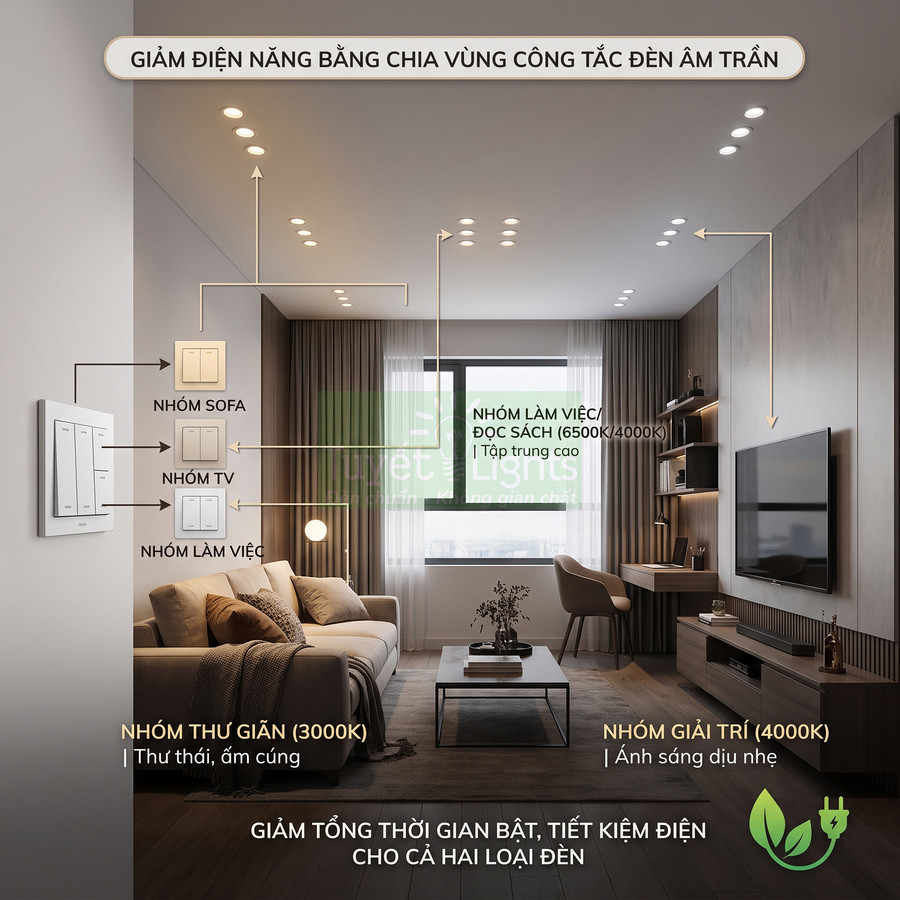 Công tắc đèn âm tường điều khiển nhiều vùng chiếu sáng trong phòng khách hiện đại, giúp tiết kiệm điện năng
