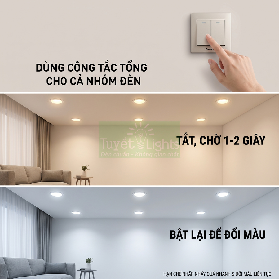 Công tắc Panasonic điều khiển nhóm đèn âm trần đổi màu cho phòng khách hiện đại