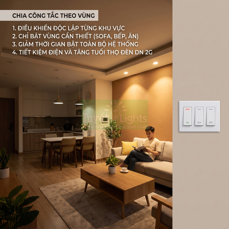 Công tắc đèn tường ba nút điều khiển chiếu sáng phòng khách hiện đại với người đàn ông ngồi đọc sách