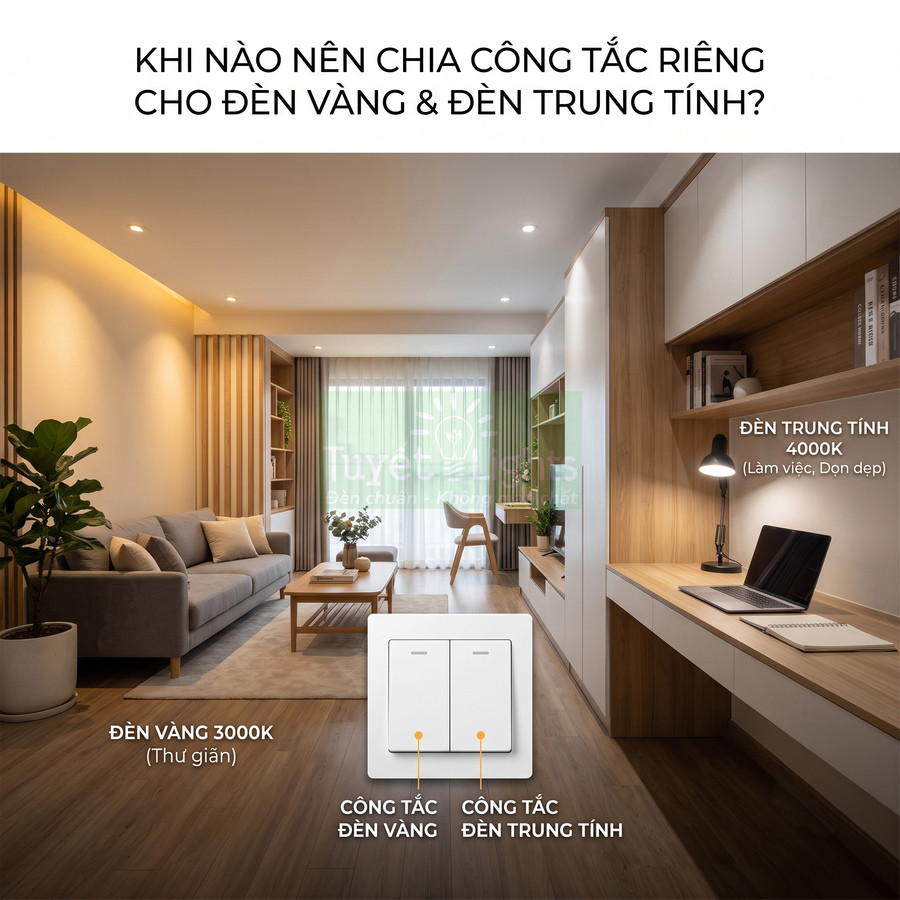 Công tắc đôi điều khiển đèn vàng 3000K và đèn trung tính 4000K trong phòng khách liền bàn làm việc hiện đại