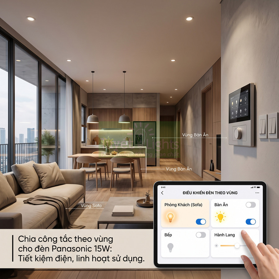 Công tắc điều khiển đèn Panasonic 15W theo vùng trong phòng khách và bếp hiện đại, điều chỉnh qua màn hình cảm ứng