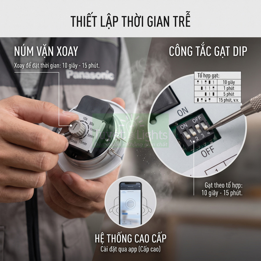 Công tắc hẹn giờ Panasonic với núm vặn xoay và công tắc gạt DIP điều chỉnh thời gian trễ