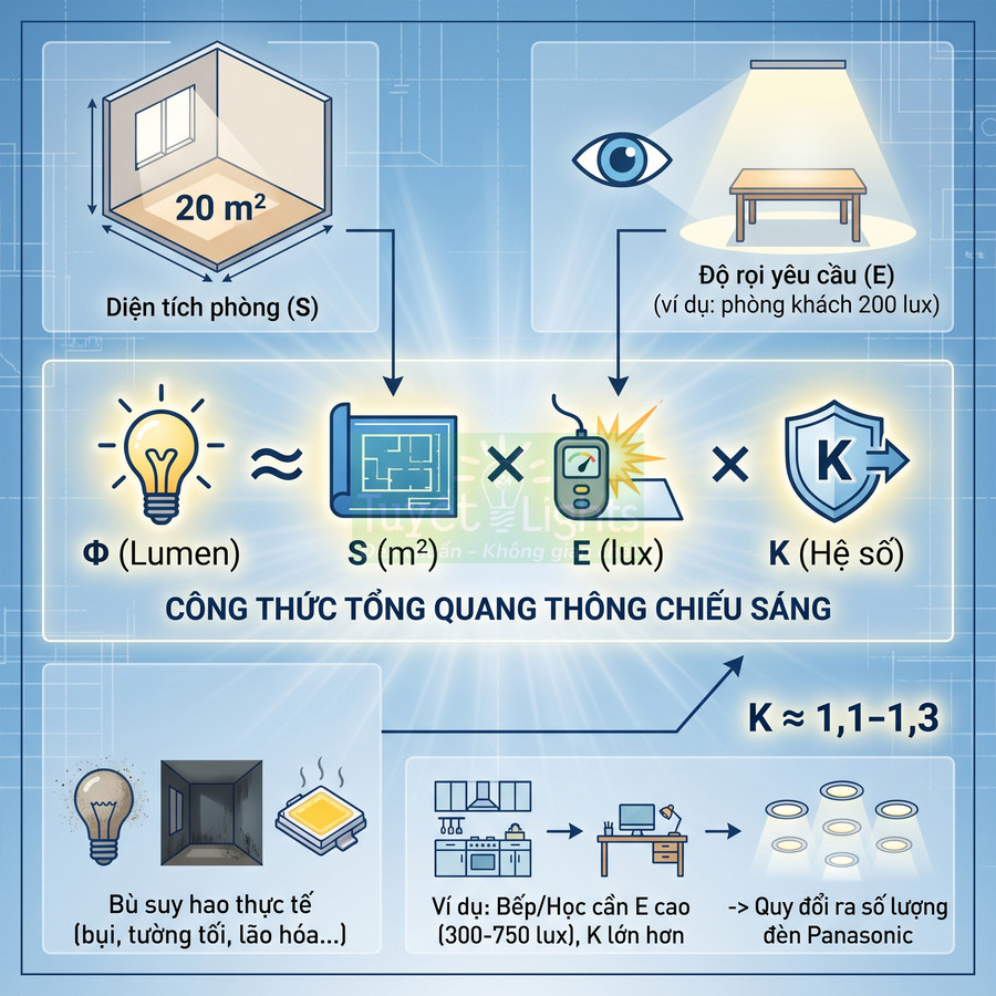 Công thức tính tổng quang thông chiếu sáng theo diện tích phòng, độ rọi yêu cầu và hệ số K