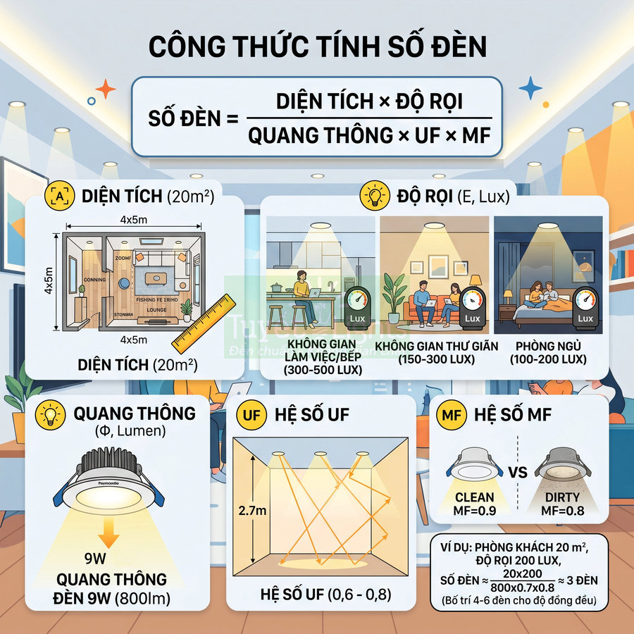 Công thức tính số đèn chiếu sáng cho phòng khách 20m2 dựa trên diện tích độ rọi quang thông UF MF