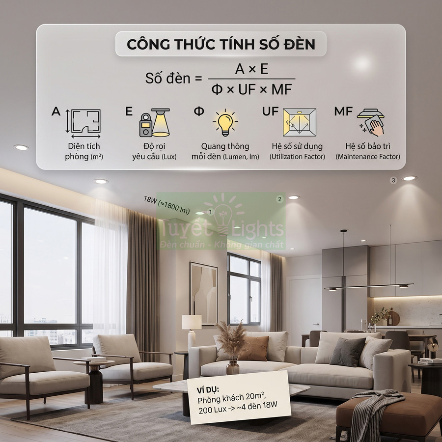 Công thức tính số đèn chiếu sáng Tuyết Lights cho phòng khách hiện đại 20m2 với đèn LED 18W